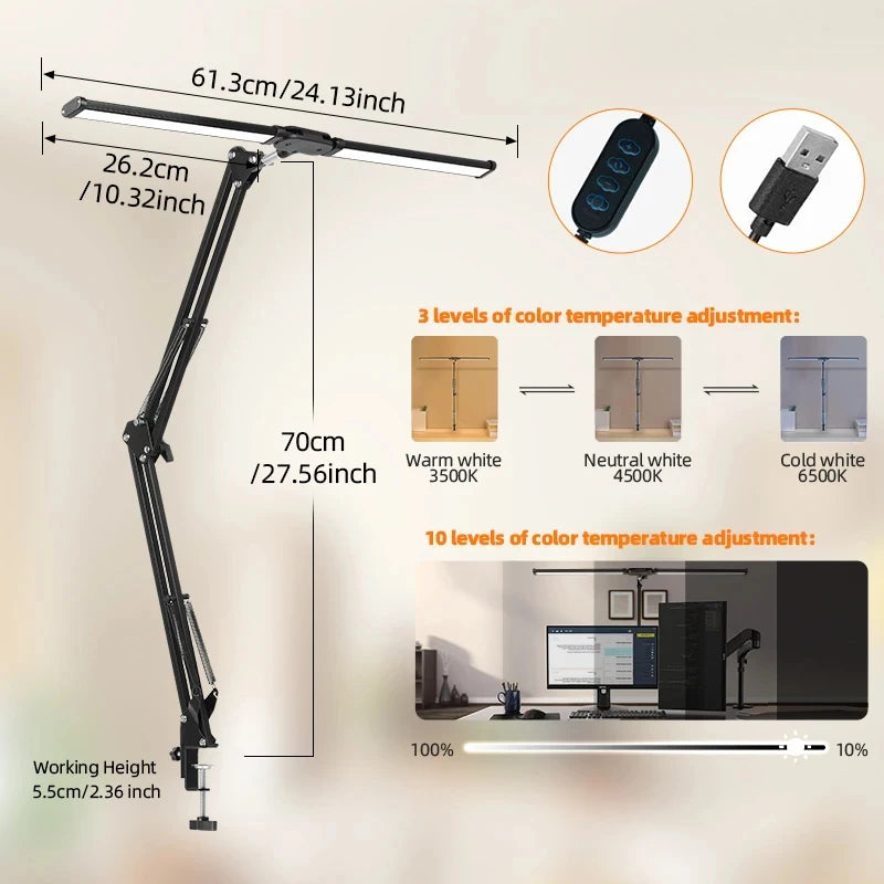 Dual-Head Clamp LED Desk Lamp