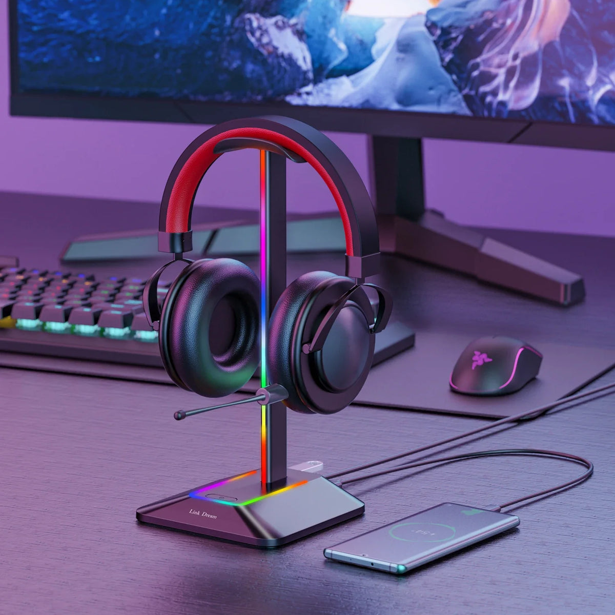 RGB Headset Stand with Dual USB Ports