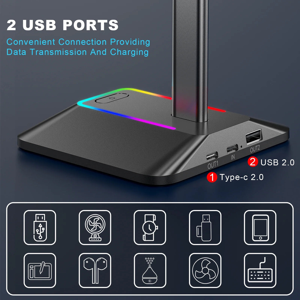 RGB Headset Stand with Dual USB Ports