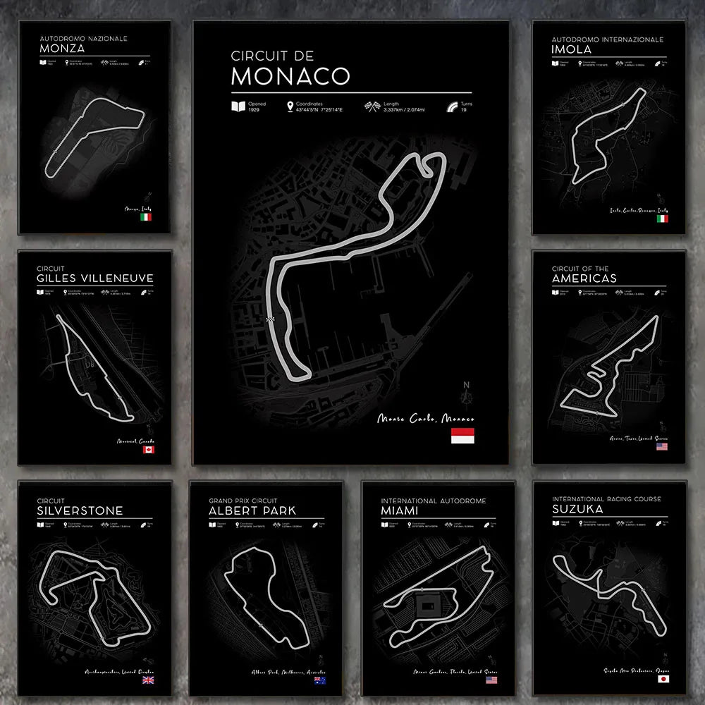 Grand Prix Circuit Poster Collection – Silverstone, Monaco & Monza